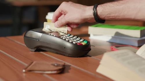 Hands Man Payment with Credit Card Enter the Password Customer at Cafe Finance Money Paying