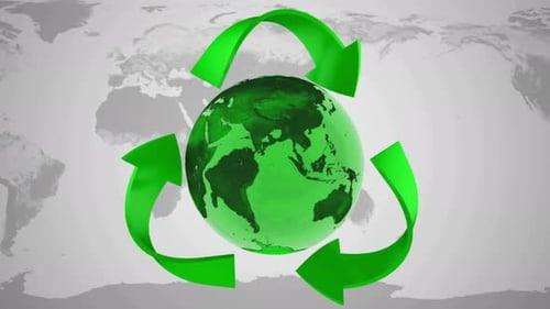Green Earth with Recycling Arrows on World Map Background