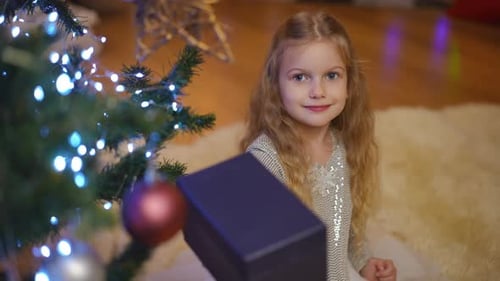 Little Girl with Present near Christmas Tree