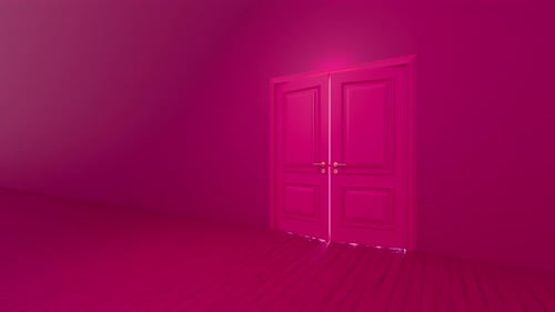 Porte double rose s'ouvrant à une lumière vive