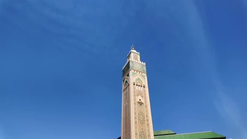 Tower minaret of Hassan II Mosque, clear blue sky in Casablanca Morocco
