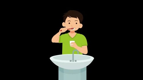 An Animation of a Boy brushing teeth on alpha channel