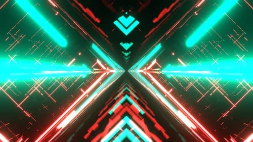 Turquoise And Red Neon Light Movement On The Cyber Grid Background Vj Loop I 4K