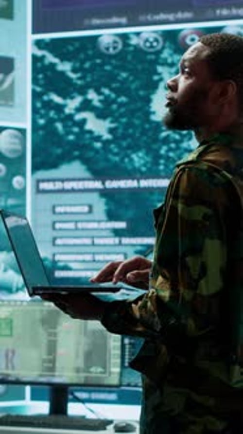 Vertical Video Military Officers Work in a High Tech Army Control Tower Base