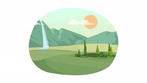 Flat Design Animated Nature Landscape with Waterfall Oval
