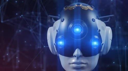 Futuristic AI Robot Head with Digital Neural Network Display