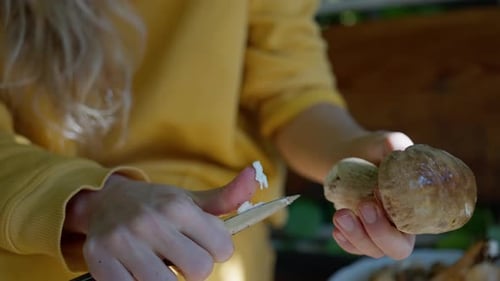 A Woman Cleaning Porcini Mushrooms in the Garden with a Knife