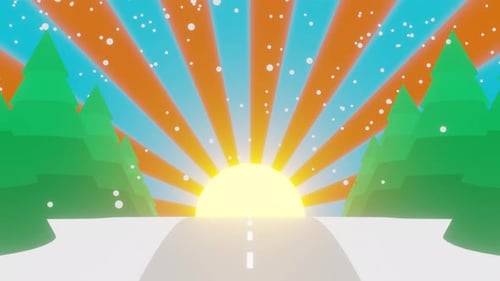 Cartoon Winter Road with Shining Sun Snow and Christmas Trees Loop Animation