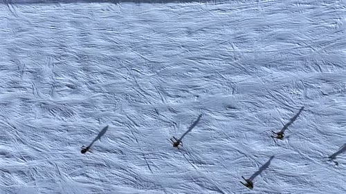 Abstract Aerial View of Skiers on a Slope With Shadows