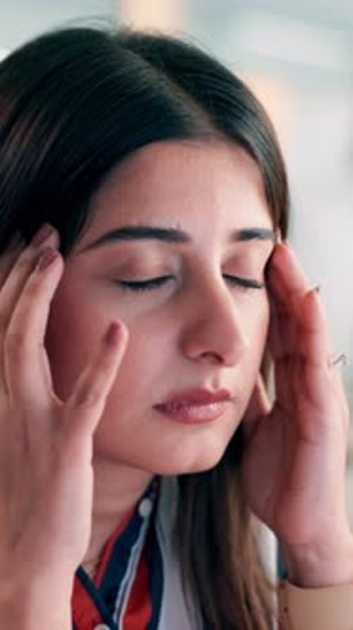 Woman, headache and massage in office with burnout from marketing crisis, campaign fail or mistake