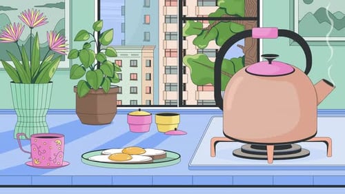 Cozy morning kitchen with breakfast and boiling kettle lofi animation cartoon wallpaper