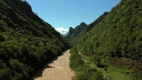 Aerial Shot of a River in a Lush Green Forest with Snow Capped Mountains in the Distance