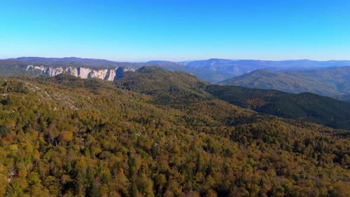 Aerial view Movement over the forest on the mountain ridge in autumn time