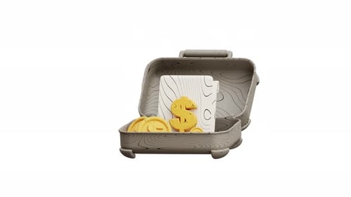 Stylized 3D Suitcase Opens to Reveal Gold Money