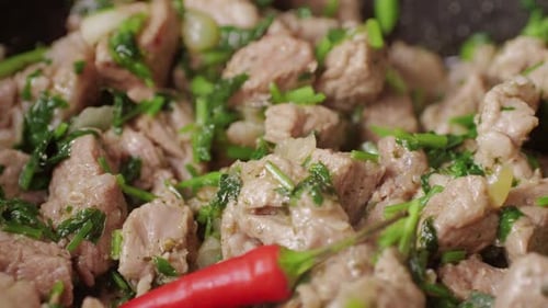 Chicken or Pork Stew with Red and Green Pepper Onion and Spices Cooking in a Frying Pan Traditional