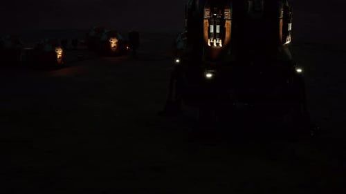 Mars Colony Base Illuminated at Night with Habitats and Vehicles in View