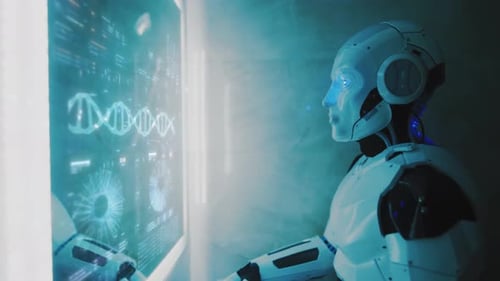 Der futuristische Roboter wird mit einem Hologramm-Panel-Scanning-Roboter mit Touchscreen-Scan-Schnittstelle aktiviert