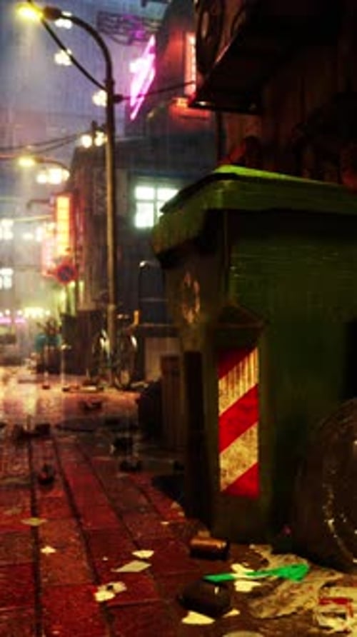 Trash Can on Rainy Asian Street