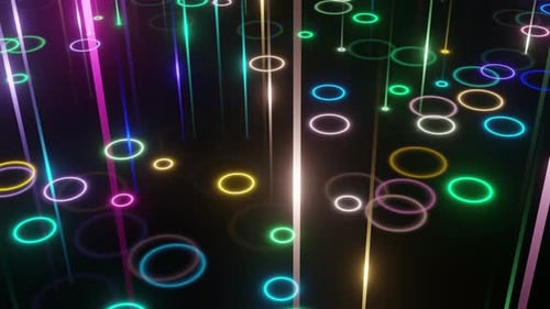 Abstract Neon Glowing Circles and Falling Lines Background