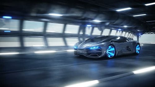 Futuristic Electric Sports Car Driving Fast In Modern Tunnel