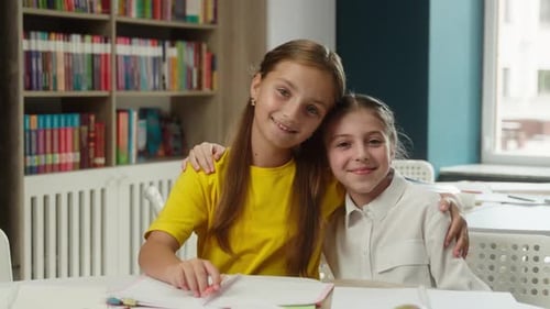 Happy Little Girls Pretty Schoolgirls Pupils School Students Friends Sisters Classmates Children