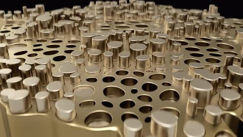 Estructura dorada abstracta animada en forma de bucle con intrincados patrones cilíndricos que cautivan al