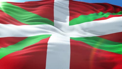 Basque Country Ikurriña Flag Waving Against Blue Sky