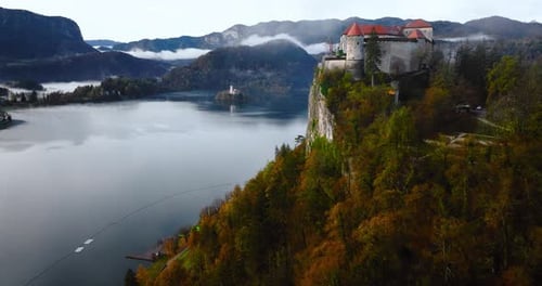 Aerial View of Blejski Grad Castle Built on Top of a Rock