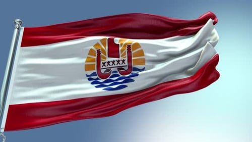 Realistic Waving Flag of French Polynesia Against Blue Sky
