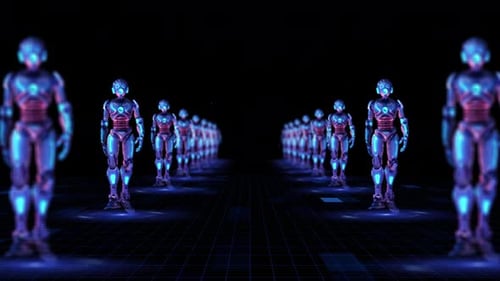 Futuristic Blue Robots Marching on Digital Grid Background