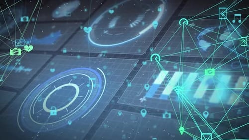 Animation of networks of connections, scopes scanning and data processing on screens over grid