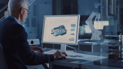 Ingeniero profesional de la industria pesada que trabaja en computadoras y utiliza software CAD.