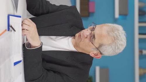 Vertical video of Home office worker man attending online business meeting.