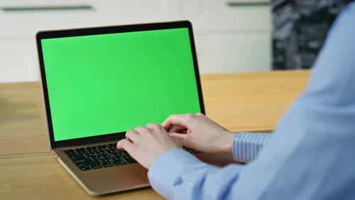 Freelancer Working Chroma Key Laptop at Remote Workplace Closeup Woman Hands
