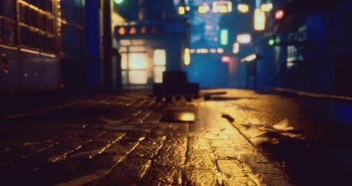 Moody Urban Alley Illuminated By Neon Lights During a Rainy Night