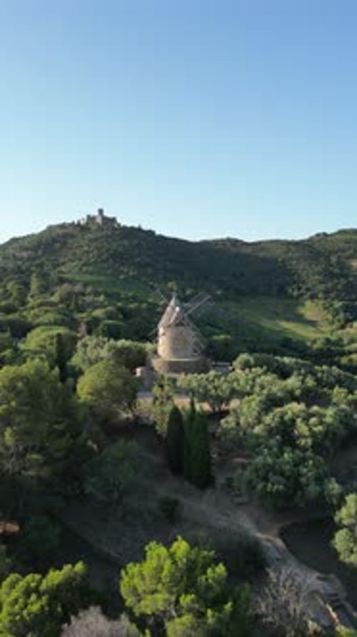 Vue aérienne du moulin de Collioure entouré de verdure, France.