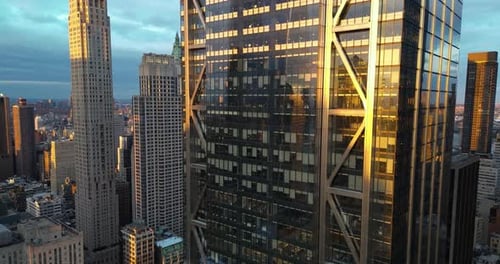 Manhattan skyscrapers at sunset, New York City, USA (aerial shot)