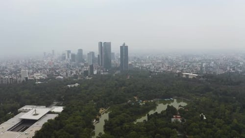 Air Pollution on Foggy, Cloudy Overcast Day of Mexico City, Aerial Establishing View