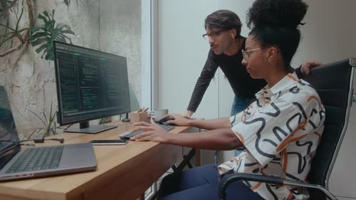 Colleagues Discussing Program Code on Computer at Home Office