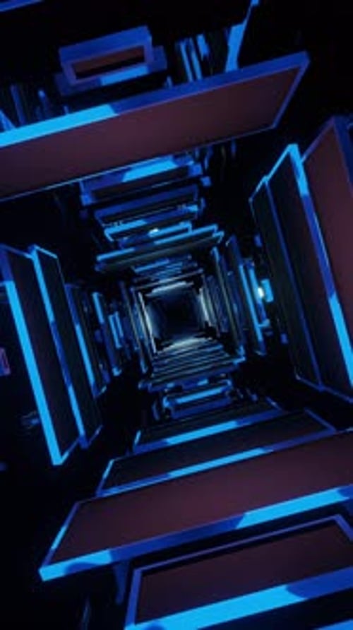 Très longue pièce étroite bleue avec une lumière très vive. Animation en boucle