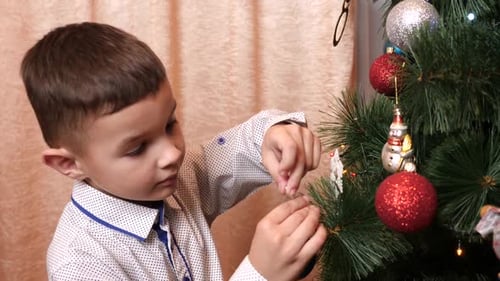 Boy Decorating Christmas Tree with Blue Ornament