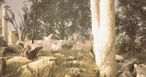 Ancient Ruins Under a Hazy Sky Among Lush Vegetation and Rocky Terrain