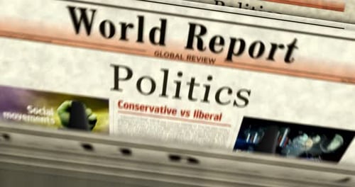 Scrolling Newspaper Stack with World Report and Politics Headlines
