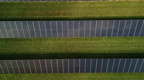 Aerial Top Shot of Solar Panels Stand in a Row in the Fields Green Energy Landscape Electrical Power