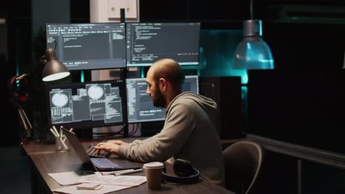 Ingeniero de software que escribe el código fuente en varios monitores