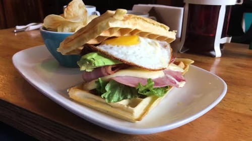 Waffle Breakfast Sandwich with Egg and Avocado