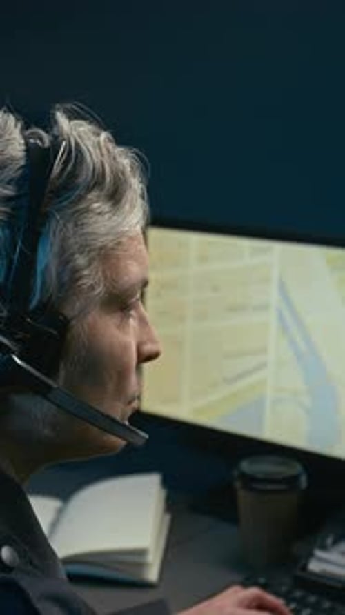 Closeup Female Police Dispatcher Answering Calls Vertical
