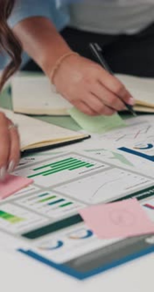 Data analysis, sticky note and hands writing in office, track sales profit