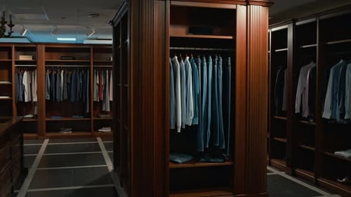 Interior of Elegant Menswear Store with Garments Hanging in Wooden Wardrobes