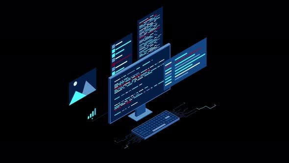 Isometric desktop computer. Coding programming technology. Programming ...